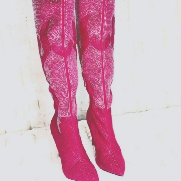 Hot Pink & Silver Rhinestone Flame Detail Sexy OTK Thigh Boots - Picture 5 of 13